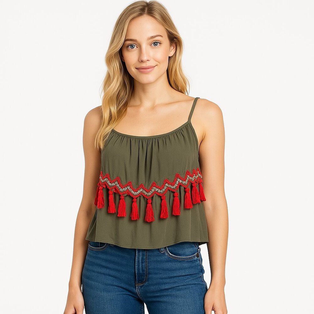 Stylish Olive Green and Red Tassel Women's Top